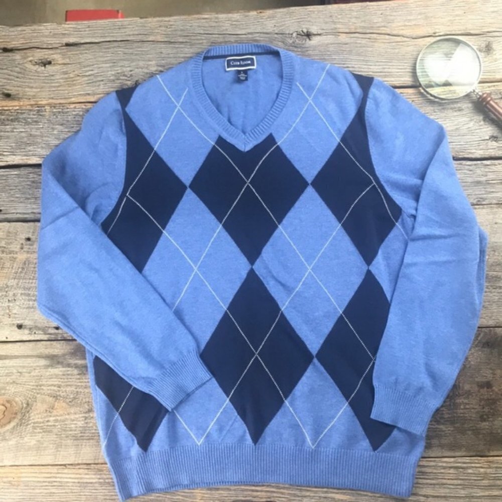 Club Room Argyle Cotton Sweater Blue Size Large - Picture 2 of 7